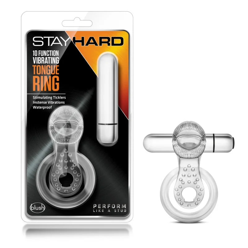 cock ring material guide-Stay Hard 10-Function Vibrating Tongue Ring - Clear Vibrating Cock & Ball Ring