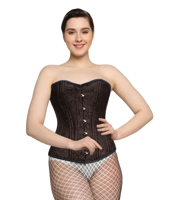 corset with mesh lace-Affra Brown Brocade Waist Training Overbust Corset