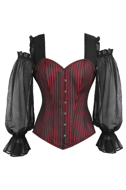 corset for vintage photoshoot-Long Sleeve Red and Black Striped Overbust Corset with Chiffon Sleeves