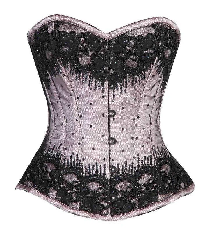 corset top with pearl studs-White/Black Embroidery Overbust corset