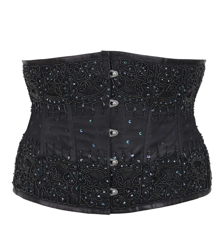 corset dress with sequins-Black Satin Embroidered Waist Reducing Underbust Corset