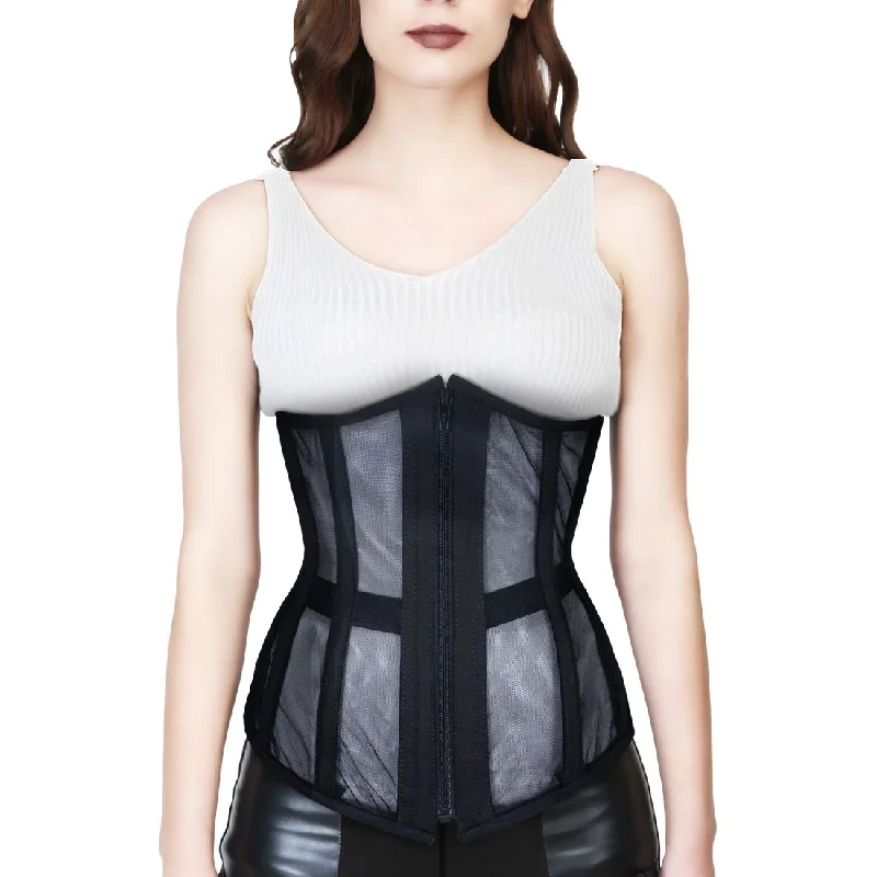 corset with floral mesh-BLACK SOFT NET WAIST REDUCING UNDERBUST CORSET