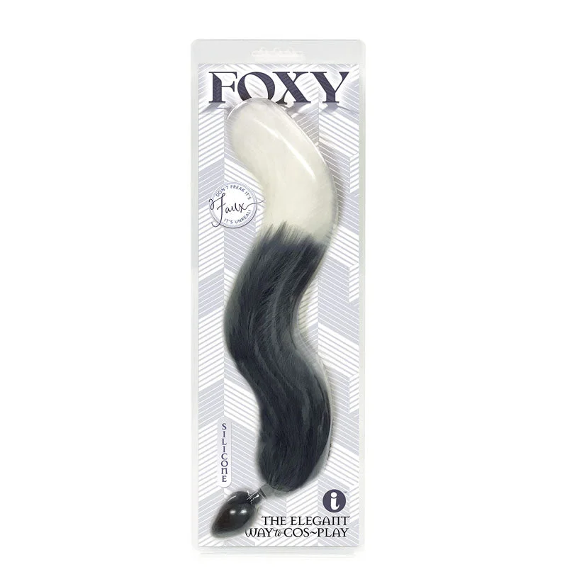 Anal toys with flared edges-Foxy Fox Tail Silicone Butt Plug Grey White Tip 18"