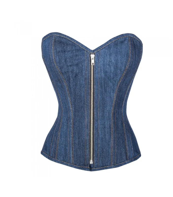 corset dress for reception-Blue Denim waist reducing  overbust Corsets