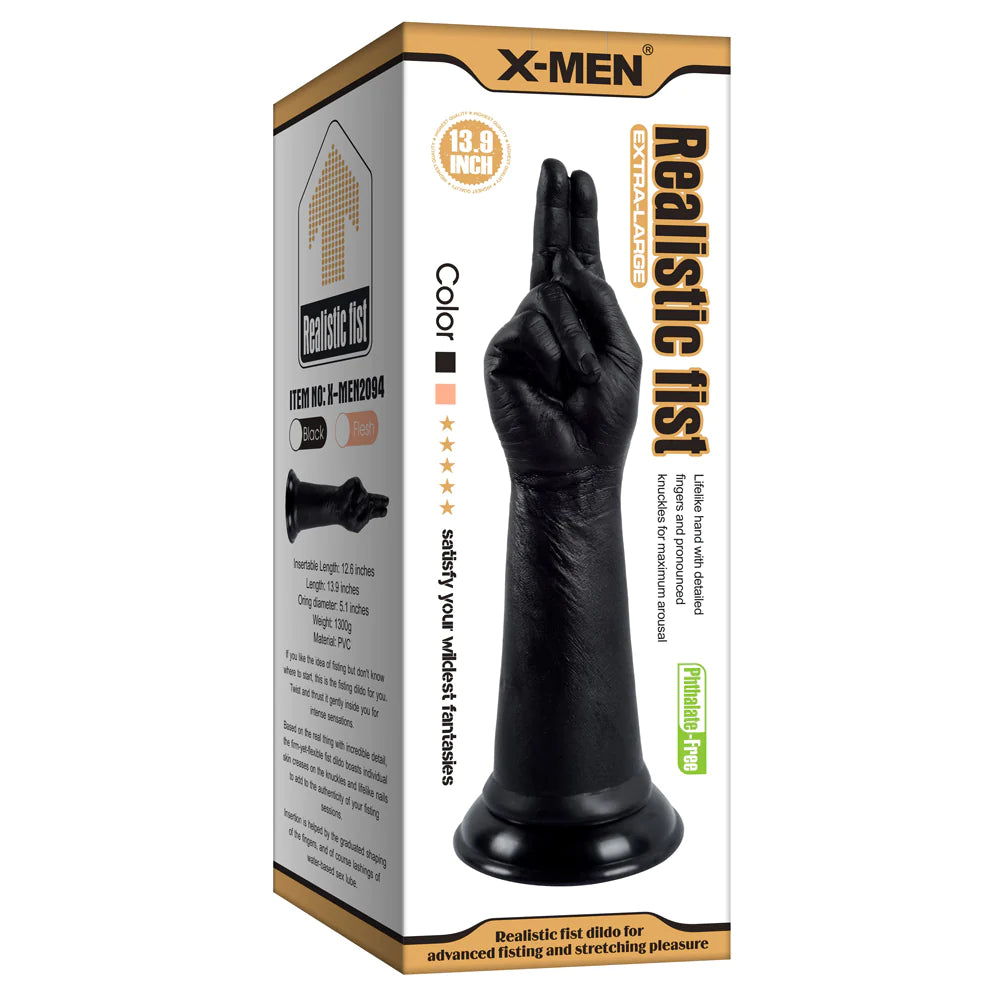 curved double-ended dildo-X-MEN Realistic Fist Extra Large Hand Dildo with Two Pointed Fingers Black