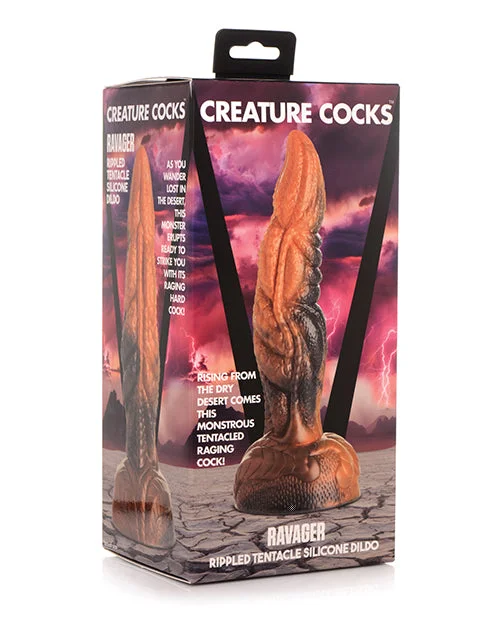 blue remote control dildo-Creature Cocks Ravager Rippled Tentacle Silicone Dildo  - Orange/Black