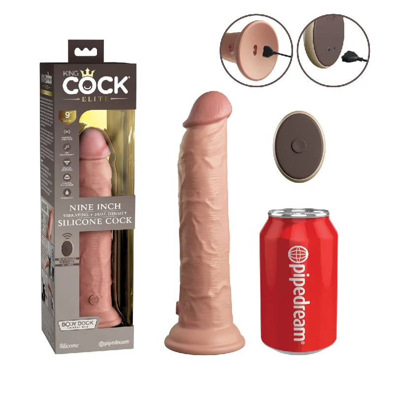 thin double-ended dildo-Pipedream King Cock Elite 9 inch Vibrating + Dual Density Silicone Dildo with Wireless Remote Control Flesh