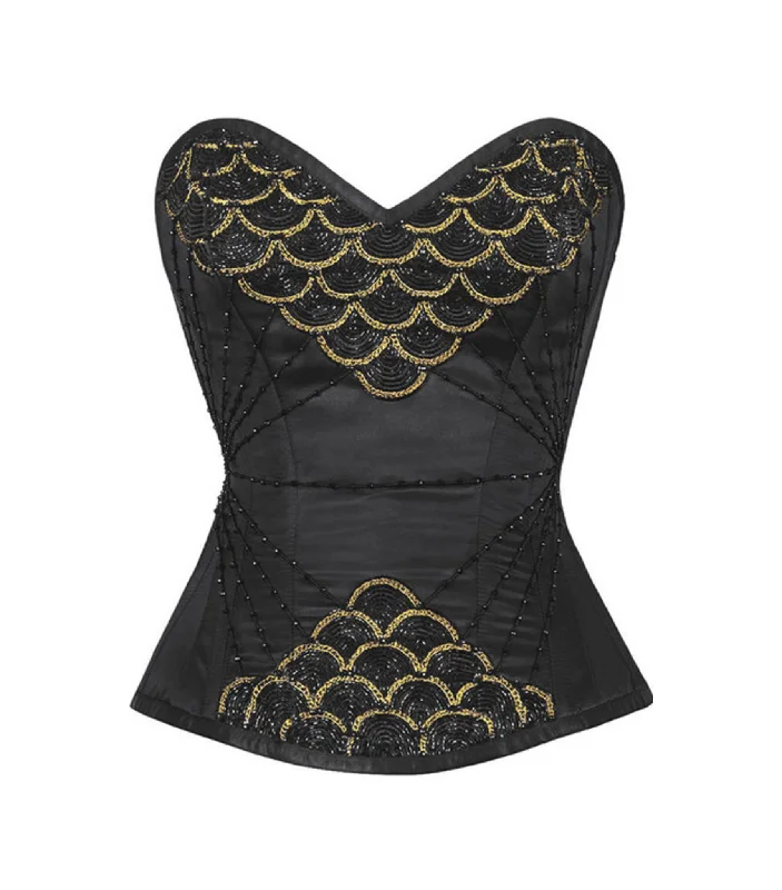 corset dress for club night-Fish Scales Beaded Black Overbust Corset