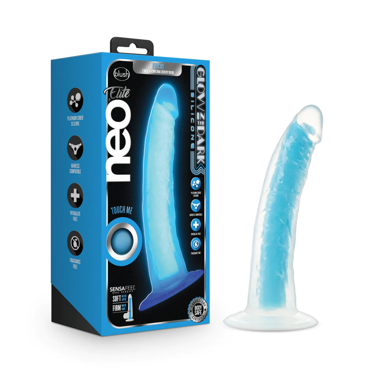 vibrating wireless dildo-Neo Elite Prysm Glow In The Dark Neon Blue 7-Inch Dildo