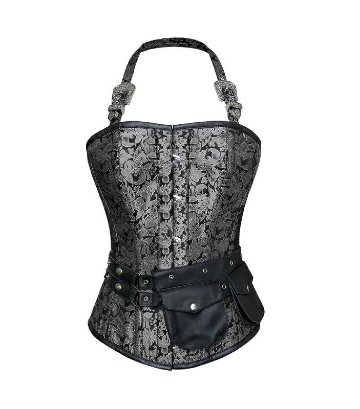 corset with hidden zipper-Silver Brocade Waist Reducing  Overbust Corsets