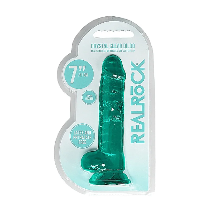 smooth wireless dildo-RealRock Crystal Clear Realistic 7 in. Dildo With Balls and Suction Cup Turquoise