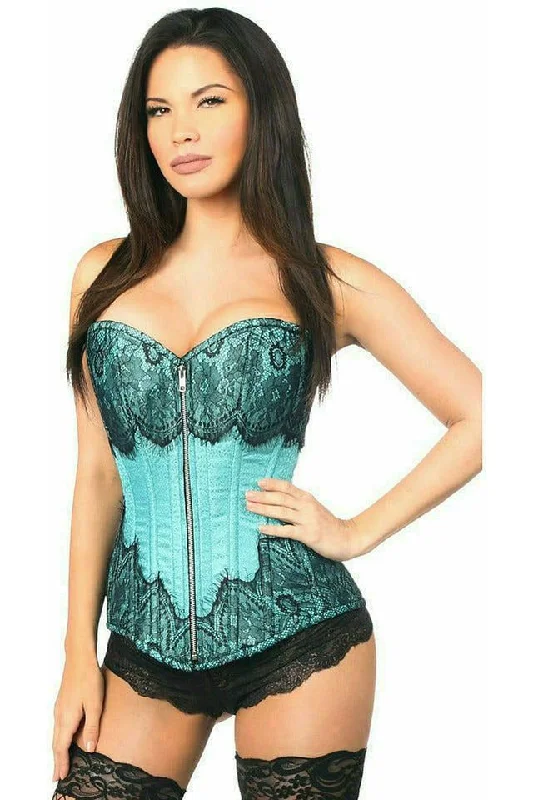 corset with spiral boning-Top Drawer Teal Brocade Steel Boned Corset w/Black Eyelash Lace