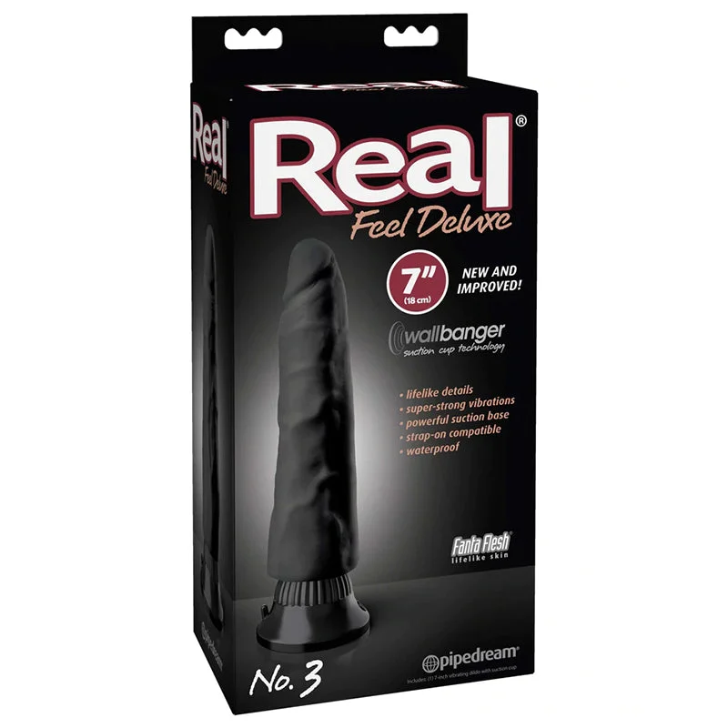 black small dildo-Real Feel Deluxe No. 3 Realistic 7 in. Vibrating Dildo With Suction Cup Black