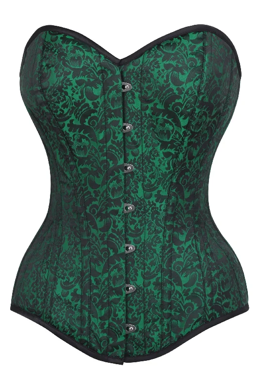 corset with snap closures-Long Green Brocade Pattern Corset With Hip Gores