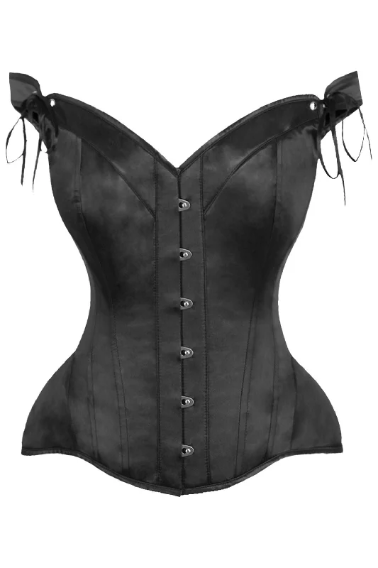 corset for back support-Top Drawer Black Satin Steel Boned Corset w/Straps