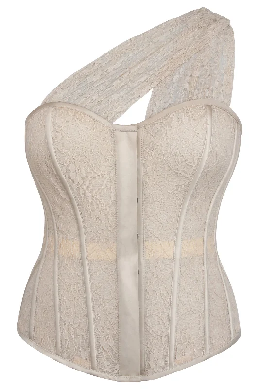 corset for festival outfit-Emmeline Champagne Satin and Lace Overbust Corset with One Shoulder Detail