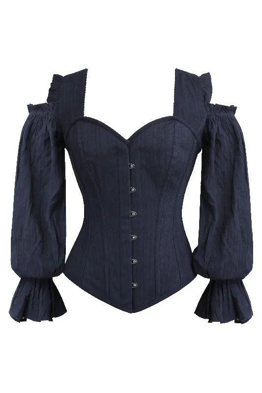 corset for body sculpting-Long Sleeve Midnight Blue Corset with Cold Shoulder