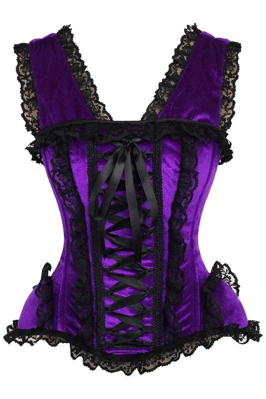 corset underbust for posture-Top Drawer Purple Velvet & Lace Steel Boned Corset w/Cap Sleeves