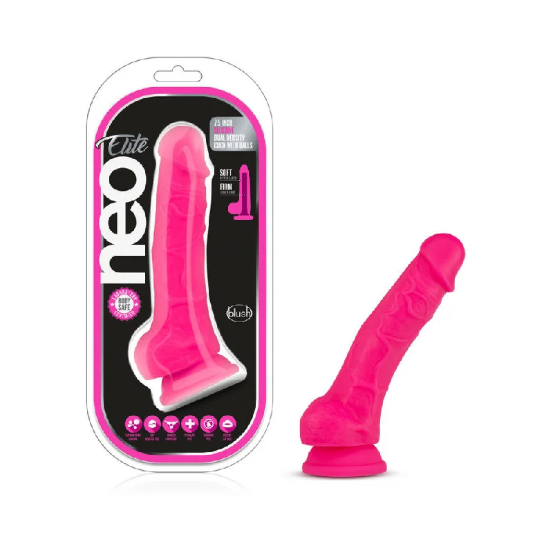 smooth curved dildo-Neo Elite 7.5 in. Silicone Dual Density Dildo with Balls Neon Pink