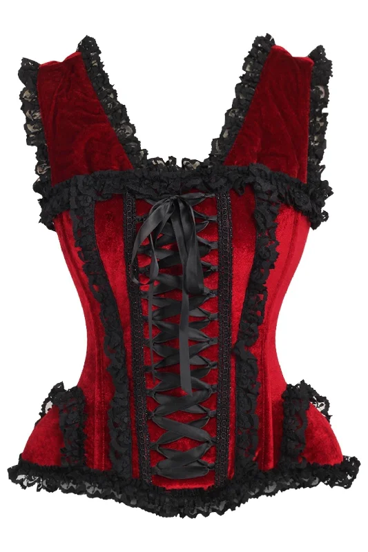 corset overbust with lace-Top Drawer Dark Red Velvet & Lace Steel Boned Corset w/Cap Sleeves