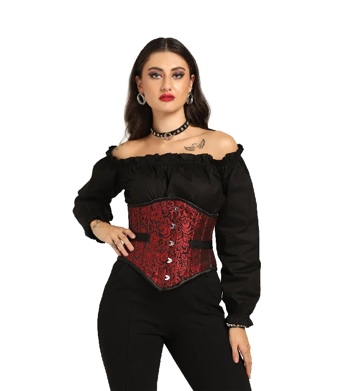 corset for waist training-Red Brocade Fan Lacing  Sexy Underbust Corset