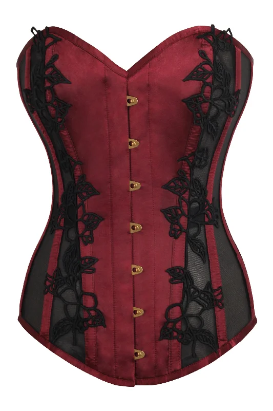 corset with side laces-Burgundy Longline Overbust Corset with Black Lace and Mesh Panels