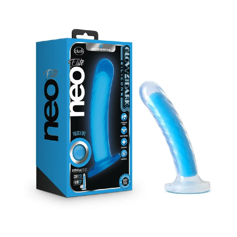 silicone small dildo-Neo Elite Glow in the Dark Tao 7 in. Dual-Density Dildo Neon Blue