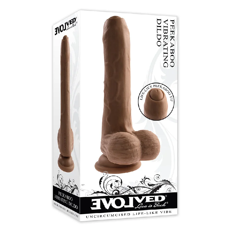 red beginner dildo-Evolved Peek A Boo Rechargeable Vibrating 8 in. Silicone Uncircumcised Dildo with Power Boost Dark