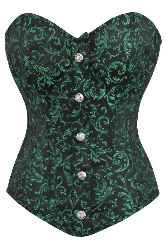 corset with polka dot lace-Green and Black Brocade Overbust Corset with Front Zip and Button Detailing