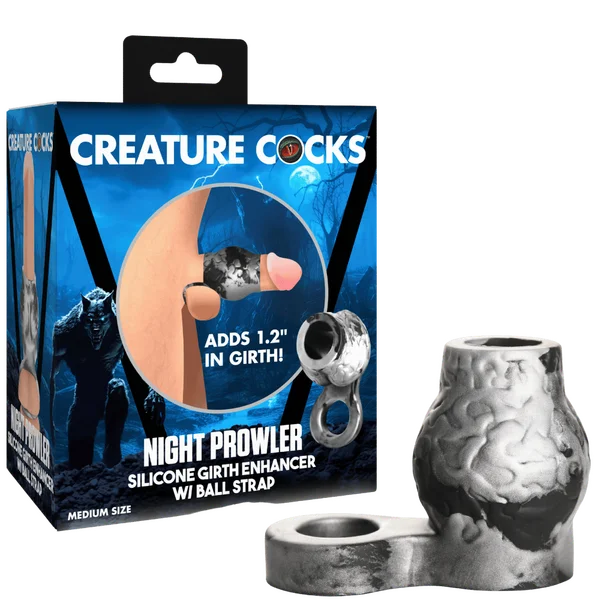 cock ring for bedroom vibes-Night Prowler Silicone Penis Sleeve + Ball Stretcher (Medium)