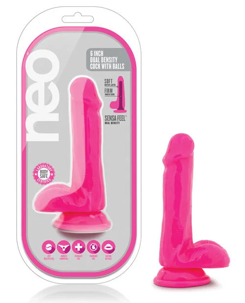 thick curved dildo-Blush Neo 6" Dual Density Cock w/Balls - Neon Pink