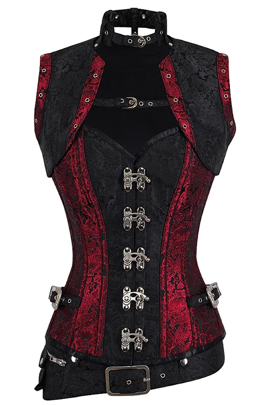 corset for dance performance-Red and Black Brocade Steampunk Overbust Corset with Swing Hooks and Shrug