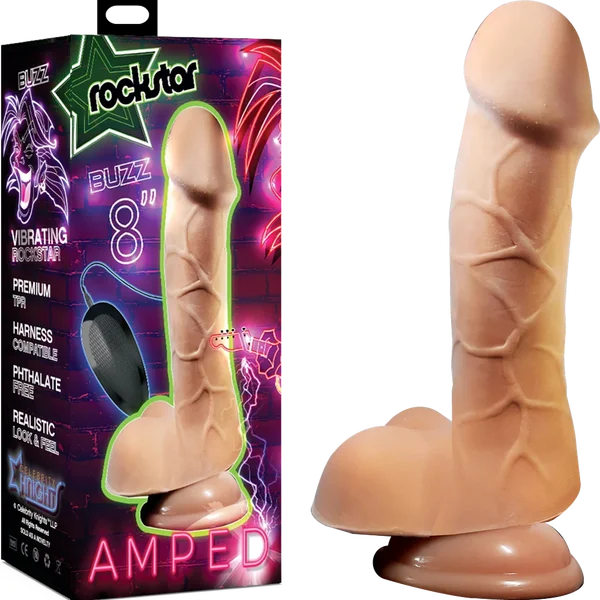 purple waterproof dildo-Rockstar Amped BUZZ 8 inch Vibrating Dildo with Remote Control