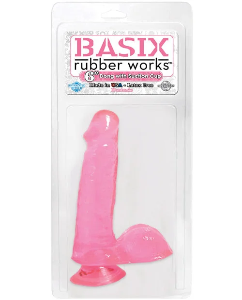 silicone pulsing dildo-Basix Rubber Works 6" Dong w/Suction Cup - Pink