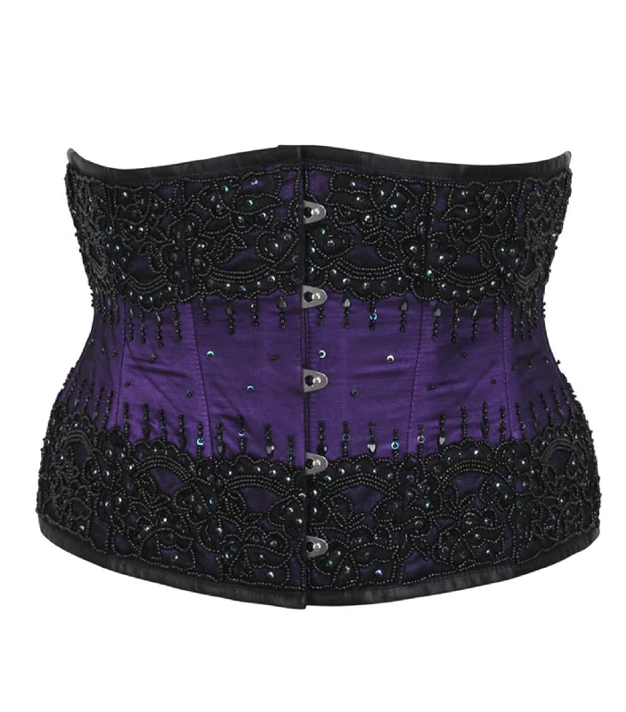 corset with back hooks-Purple Satin Embroidered Waist Reducing Underbust Corset