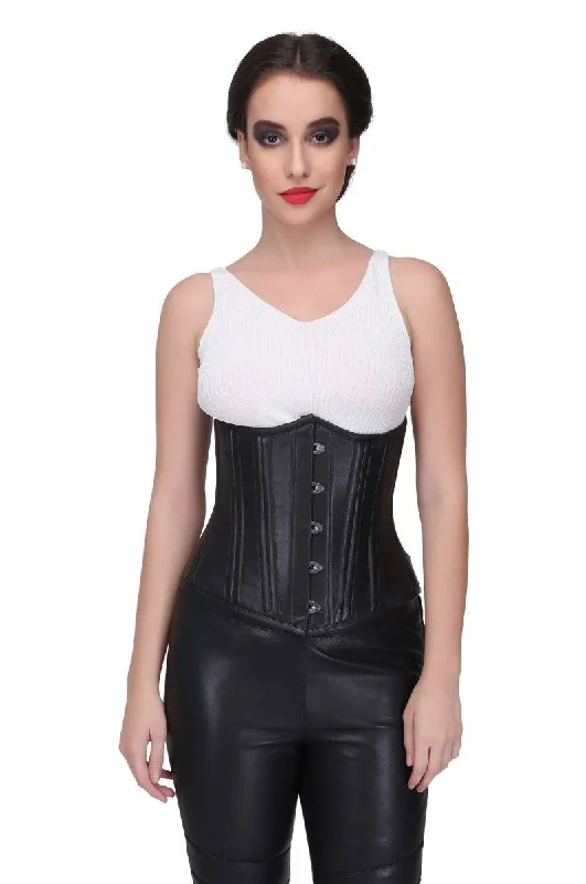 corset for waist sculpting-Black Steel Boned Waist Training Genuine leather Underbust Corset