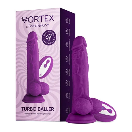 red silicone dildo-FemmeFunn Vortex Turbo Baller 2.0 8.25 in. Vibrating Rotating Dildo Purple