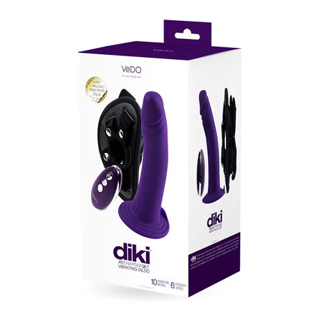 black silicone dildo-Vedo Diki Rechargeable Vibrating Dildo With Harness Deep Purple