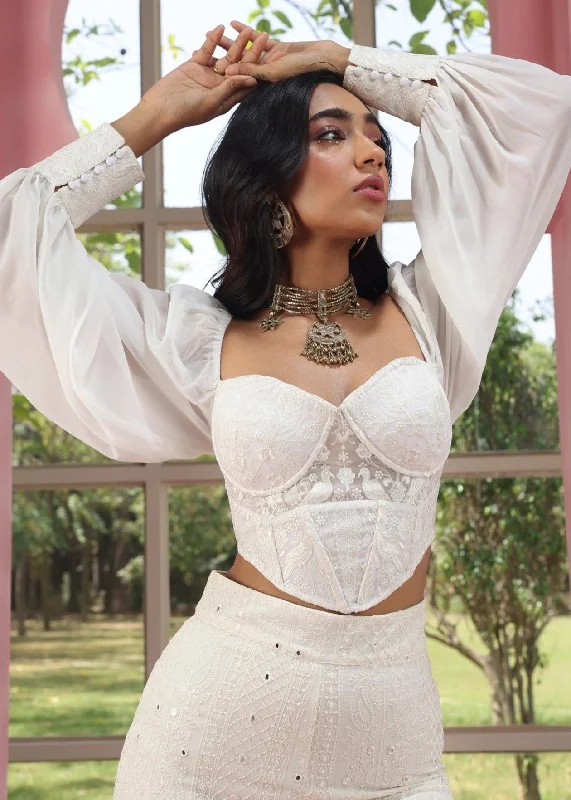 corset top silver sequins-Ruhiya White Embroidered Georgette Corset Top