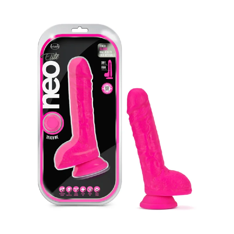 glow-in-the-dark dildo-Blush Neo Elite 9 in. Silicone Dual Density Dildo with Balls & Suction Cup Neon Pink