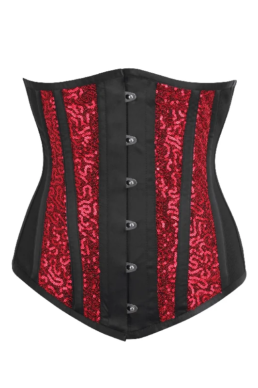 corset for body slimming-Black and Red Underbust Corset with Mesh Panels and Sequins