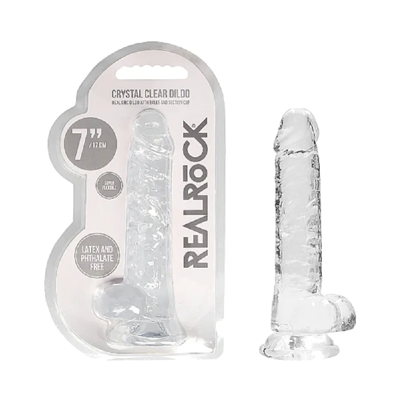 glass premium dildo-RealRock Crystal Clear Realistic 7 in. Dildo With Balls and Suction Cup Clear