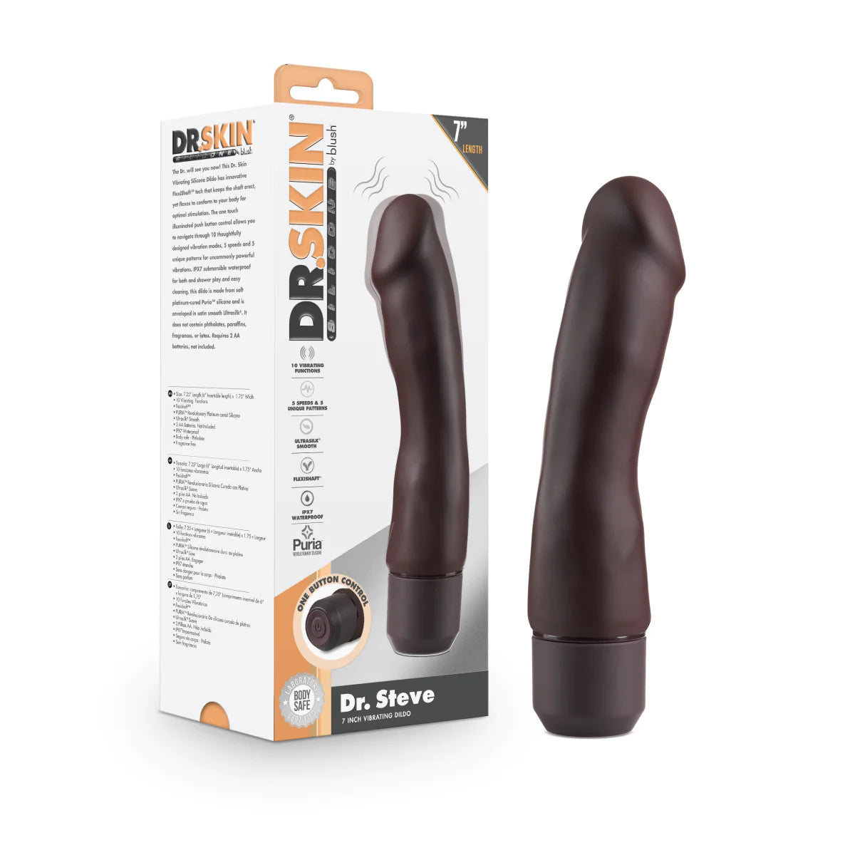 textured pulsing dildo-Dr. Skin Silicone Brown 7.75-Inch Long Vibrating Dildo