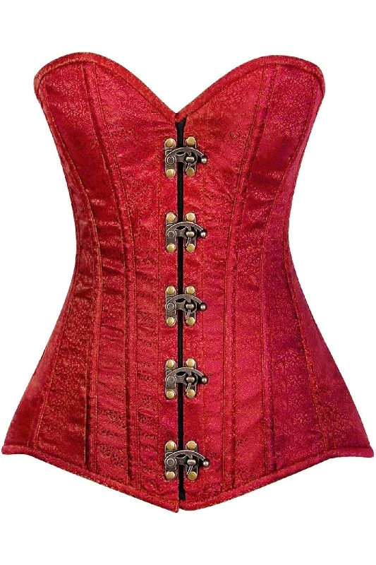 corset top with floral bows-Top Drawer Wine Brocade Steel Boned Corset w/Clasp Closure