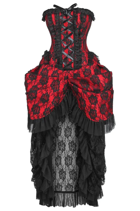 corset top with buckles-Top Drawer Steel Boned Red w/Black Lace Bustle Corset Dress