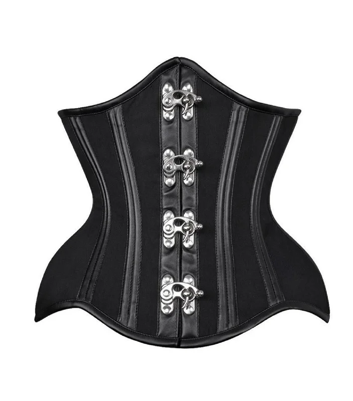 corset with detachable straps-Black Cotton& Faux Leather Authentic Steel Boned Underbust  Waist Training Corset