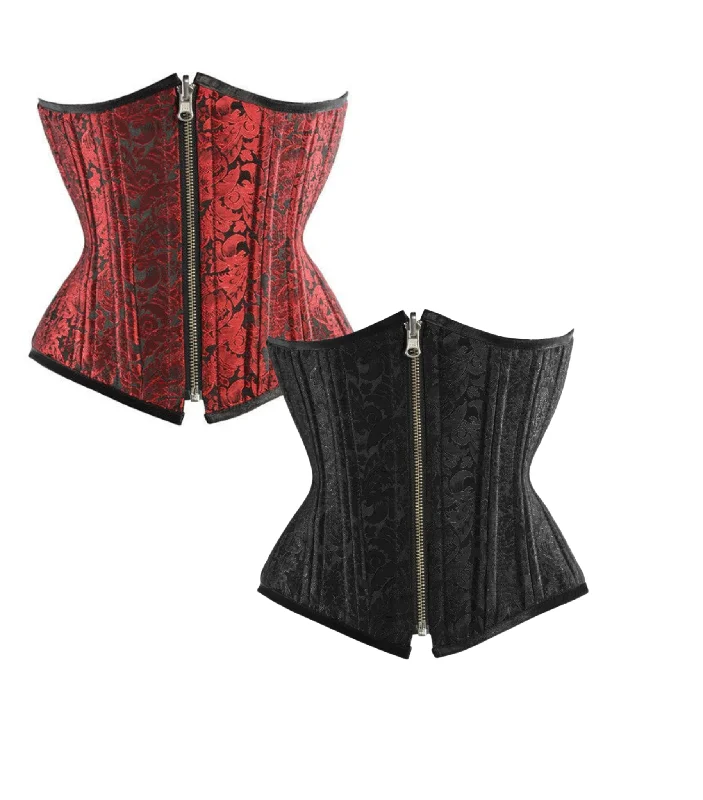 corset with front ties-Red/Black Brocade Authentic Steel Boned Reversible Waist Training Underbust Corset