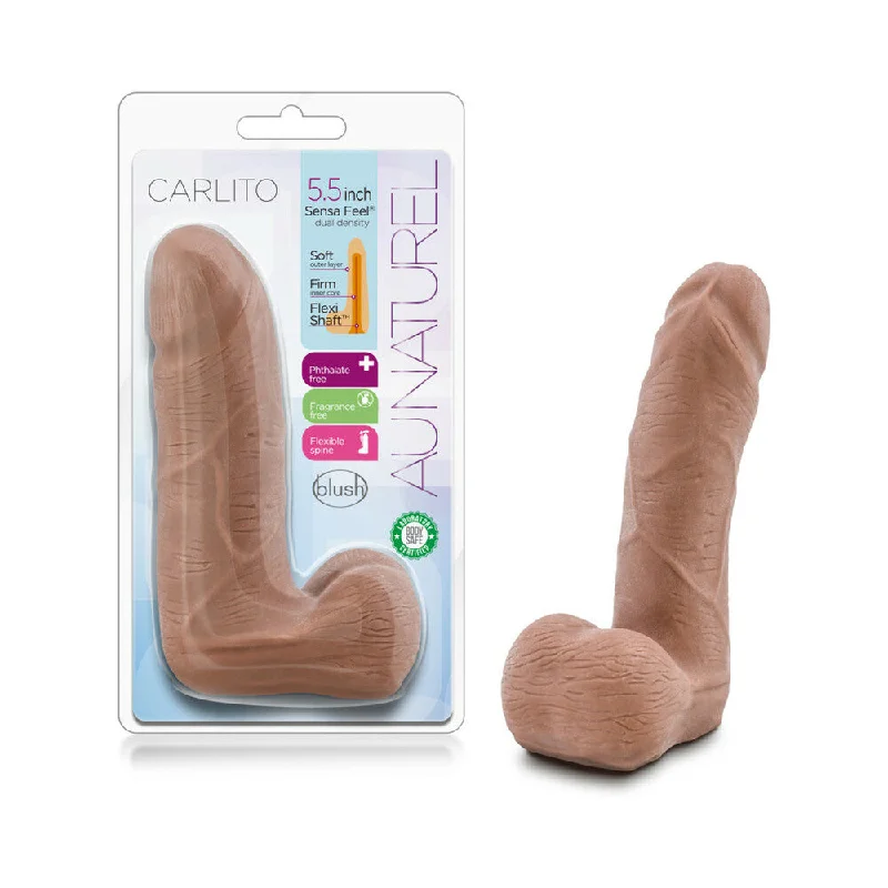 textured remote control dildo-Au Naturel Carlito 5 in. Posable Dual Density Dildo with Balls Tan