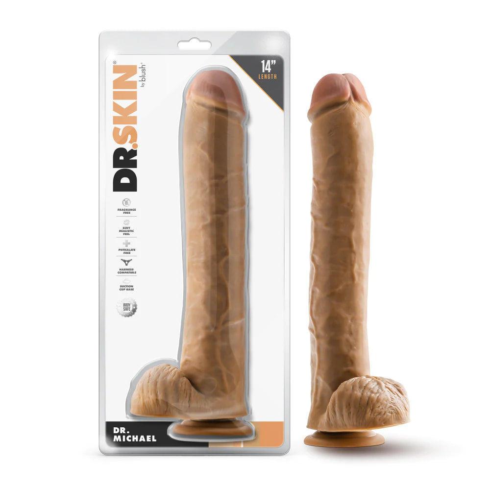 textured mini dildo-Dr. Skin Dr. Michael 14 Inch Long Dildo - Tan