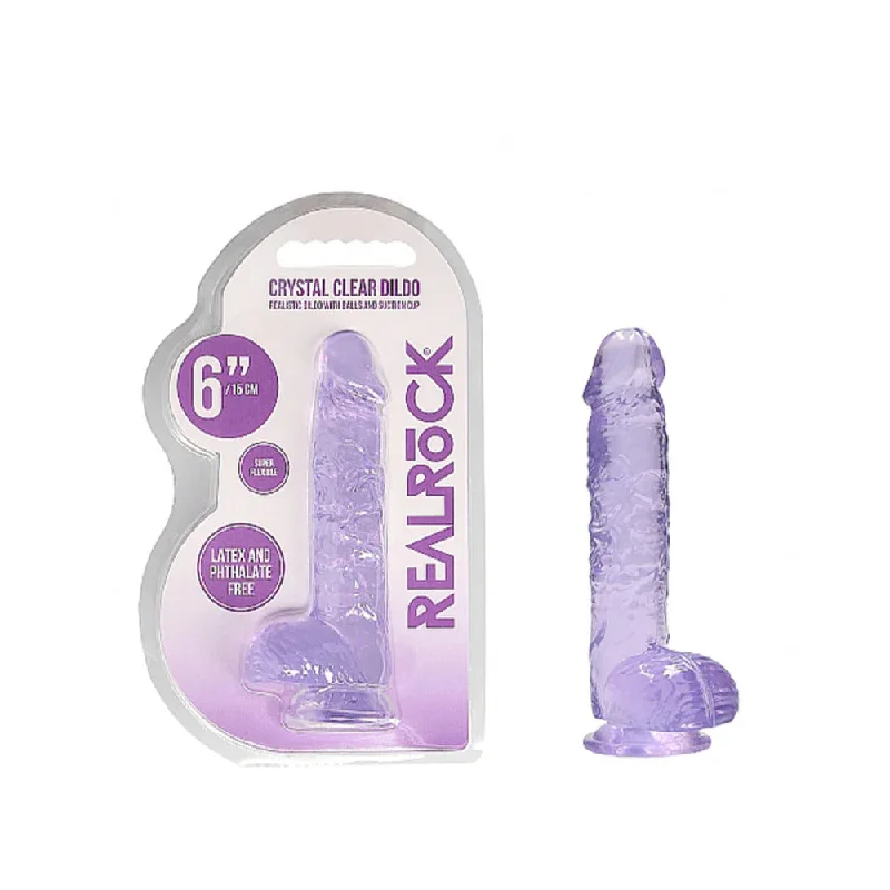 large waterproof dildo-RealRock Crystal Clear Realistic 6 in. Dildo With Balls and Suction Cup Purple